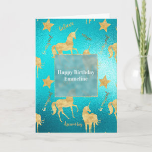 Carte Inspirationnelle Aqua Gold Unicorns Stars    