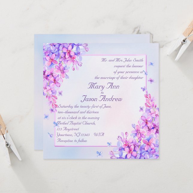Carte Invitation couleur Aquarelle violet Lilac (Devant/Arrière en situation)