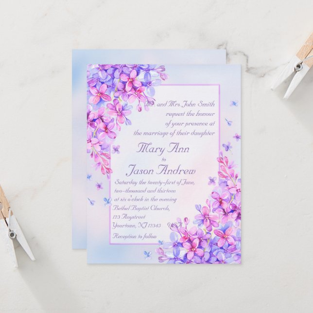 Carte Invitation couleur Aquarelle violet Lilac (Devant/Arrière en situation)