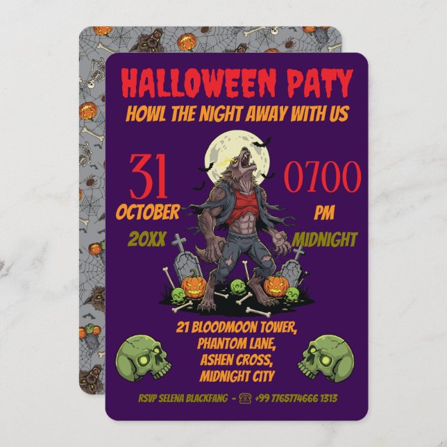 Carte Invitation 🎃 Werewolf Halloween 🐺 (Devant / Derrière)