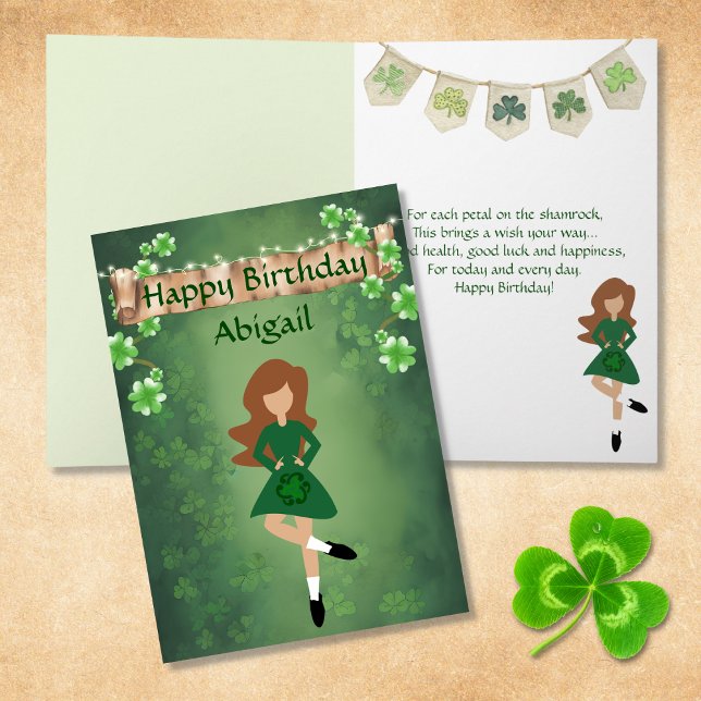 Carte Irish Dance Shamrock souhaite Brown Cheveux Annive (Créateur téléchargé)