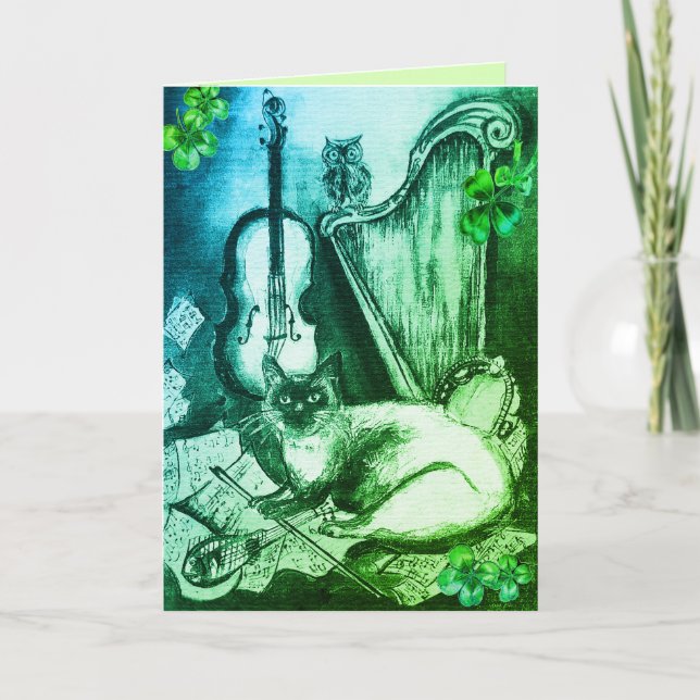 Carte Irish Harp et St.Patrick's Day Cat Making Music (Devant)
