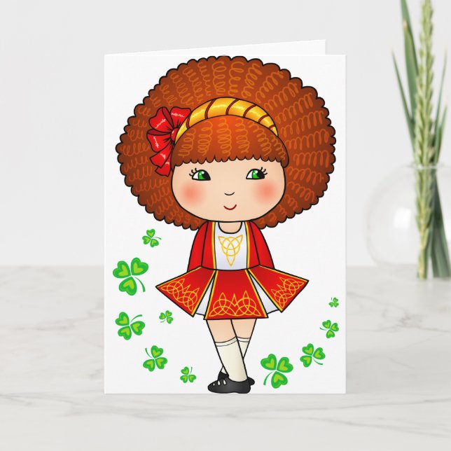 Carte Irlandaise en robe rouge avec shamrock (Devant)