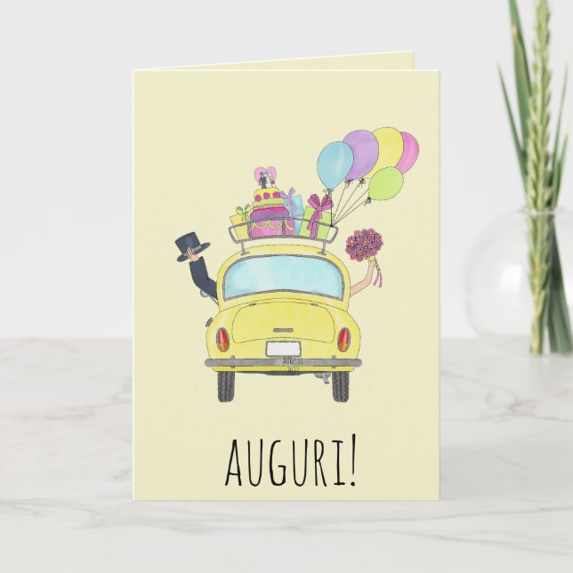 Carte Italien Auguri Mariage Jour Retro Jaune Voiture (Devant)