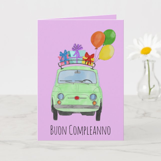 Carte italienne Anniversaire Retro Fiat 500 (Petite plante)