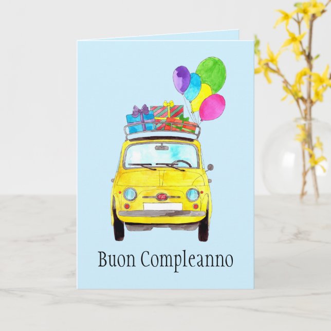 Carte italienne Anniversaire Retro Fiat 500 (Fleur jaune)