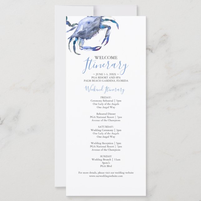 Carte Itinéraire du Mariage de crabe bleu aquarelle (Devant)
