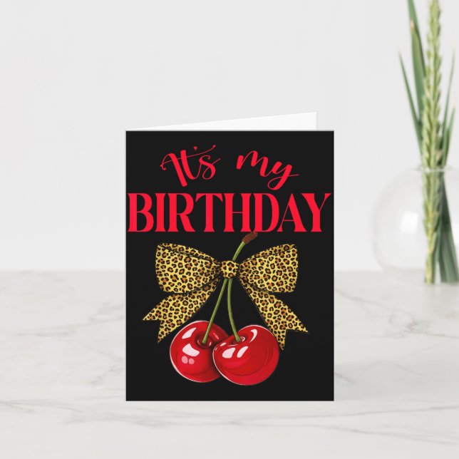 Carte It's My Birthday Cute Cherry Leopard Coquette Bow  (Devant)