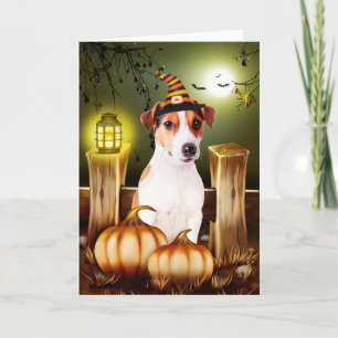 Carte Jack Russell Chien avec sorcière Casquette Hallowe