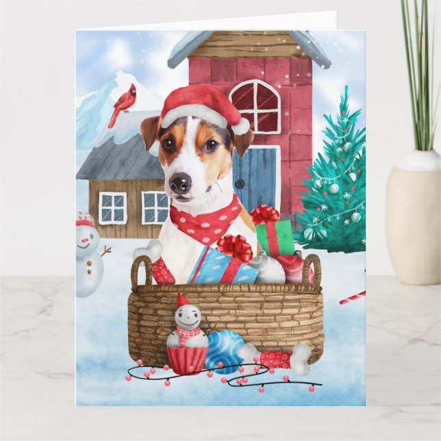 Carte Jack Russell dans la neige Maison de Noël pour chi (Devant)