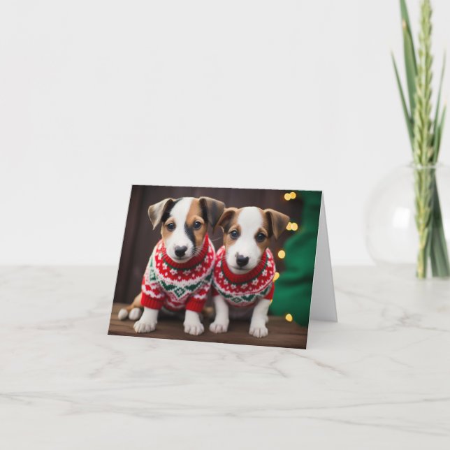 Carte Jack Russell Puppies dans Sweaters de Noël (Devant)