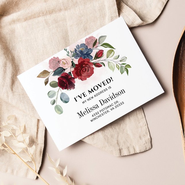 Carte J'ai déménagé la Bourgogne Floral Moving Faire-par (Burgundy Floral Botanical Moving Announcement)