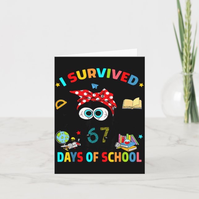 Carte J'ai Survécu 67 Jours D'école Drôle Chat Noir Six  (Devant)