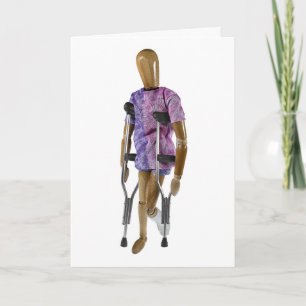 Carte Jambe gauche dans un plâtre avec béquilles