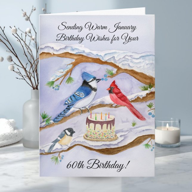 Carte January 60th Birthday Backyard Birds Watercolor (Créateur téléchargé)