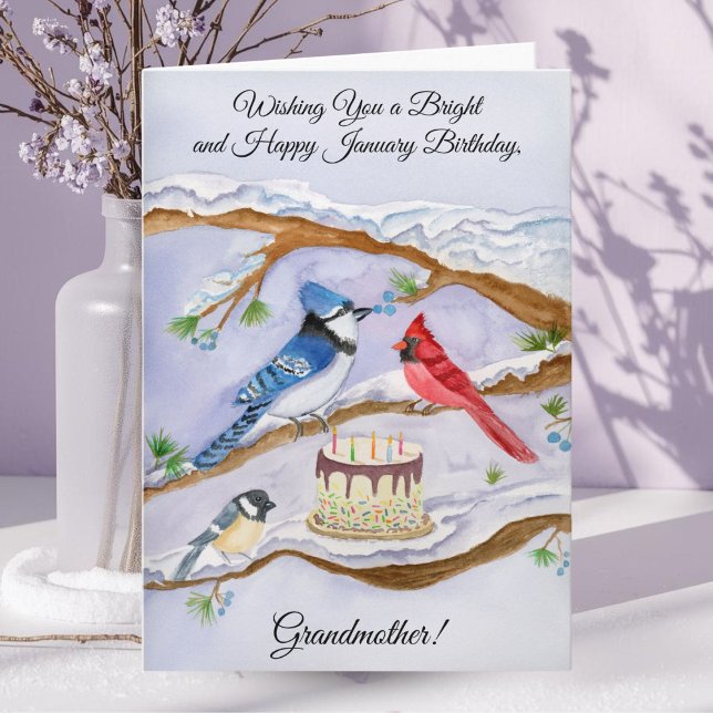 Carte January Birthday Backyard Birds Grandmother (Créateur téléchargé)