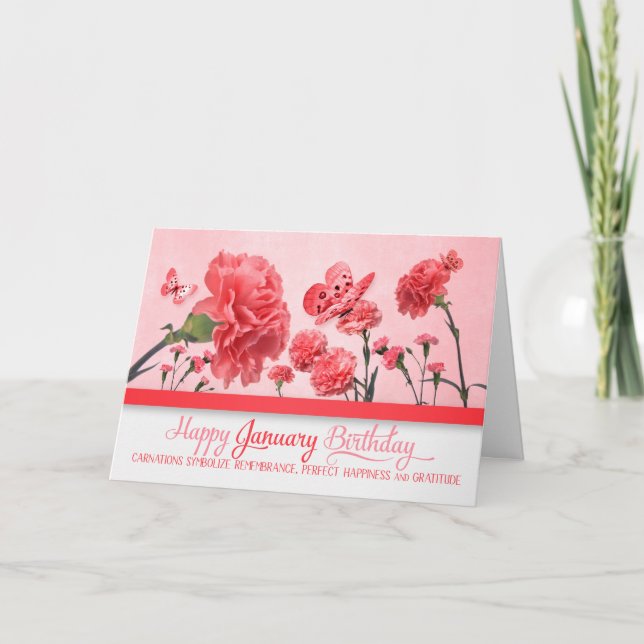 Carte Janvier Anniversaire oeillets roses avec papillons (Devant)