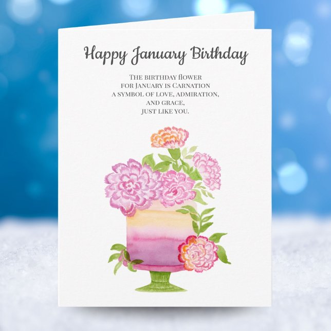 Carte Janvier Carnation Fleurs d'anniversaire sur gâteau (Créateur téléchargé)