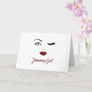 Carte Janvier Fille Yeux mignonnes lèvres rouges Wink An