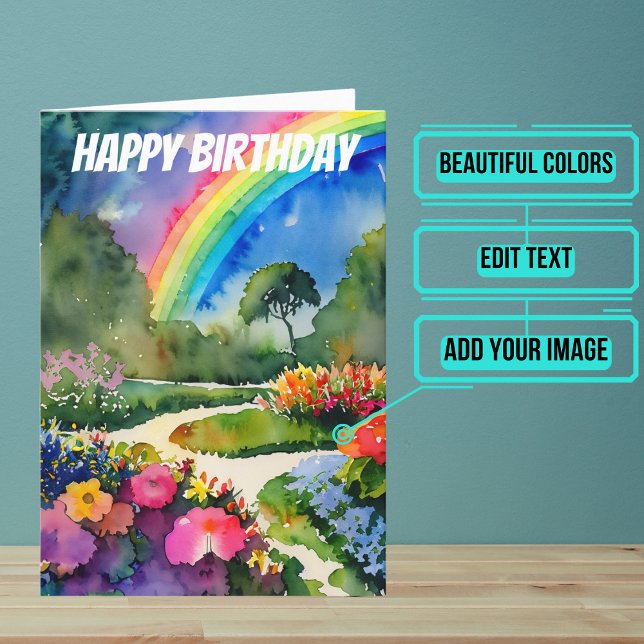 Carte Jardin avec Fleurs et Aquarelle arc-en-ciel (Wish someone you care about a happy birthday with this colorful design featuring watercolors.)