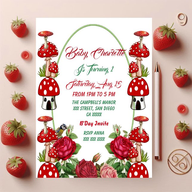 Carte Jardin Toadstool Rustique Roses Baby's 1er anniver (Garden Toadstool Rustic Roses Baby's 1st Birthday Card)