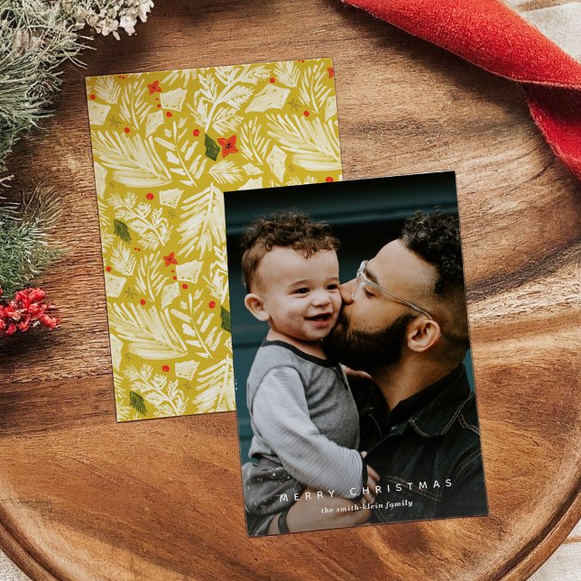 Carte Jaune Botanique Verticale Photo Holiday (Chartreuse Yellow Festive Botanical Vertical Photo Holiday Card)