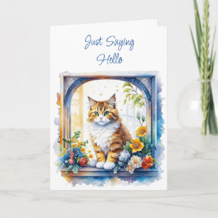 Carte Je dis bonjour Chat dans la fenêtre avec fleurs