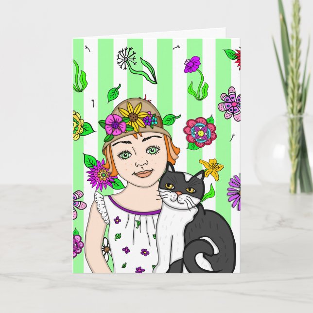 Carte Je Pense À Vous. | Folk Art Girl and Cat (Devant)