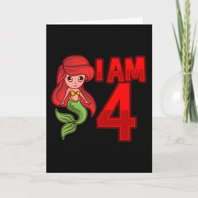 Carte JE SUIS 4 ANNÉE 4e anniversaire fille sirène (Devant)