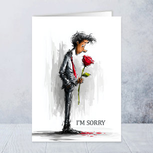 Carte Je suis désolé, triste homme tenant une rose rouge