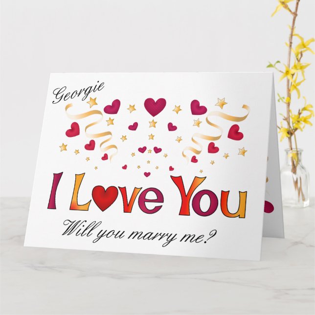 Carte JE T'AIME Cœur Rouge Ruban Doré Demande en Mariage (Fleur jaune)