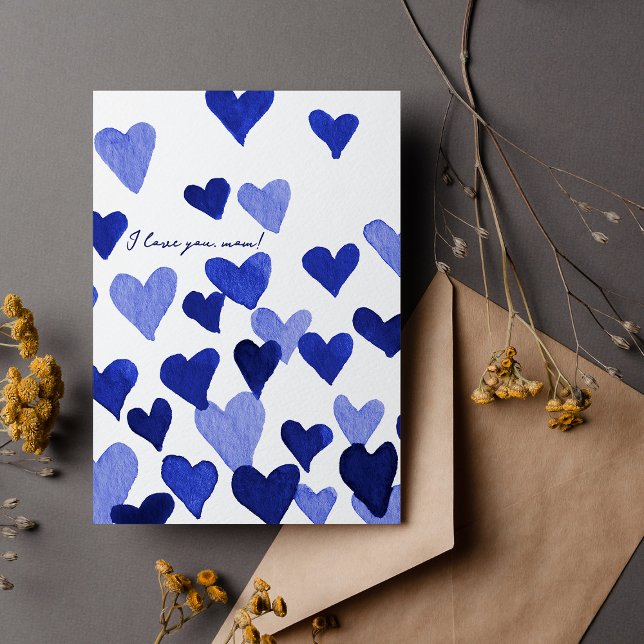 Carte Je t'aime maman Aquarelle Coeurs Bleus Fête des mè (Créateur téléchargé)