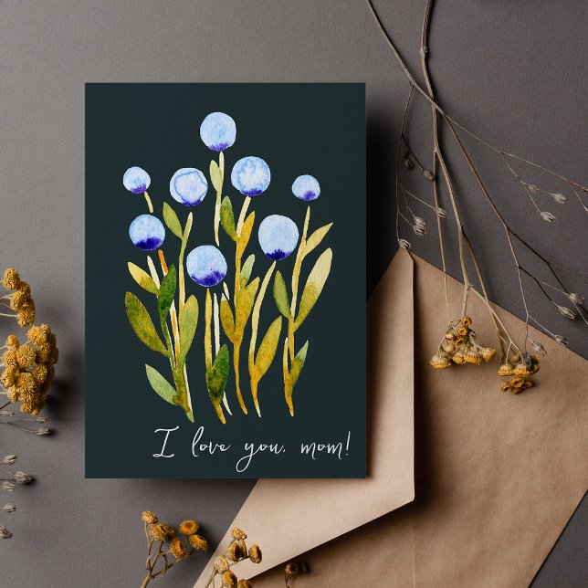 Carte Je t'aime maman fleurs d'aquarelle bleu minime (Créateur téléchargé)
