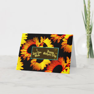 Carte Je t'aime maman, tournesols heureux de jour de