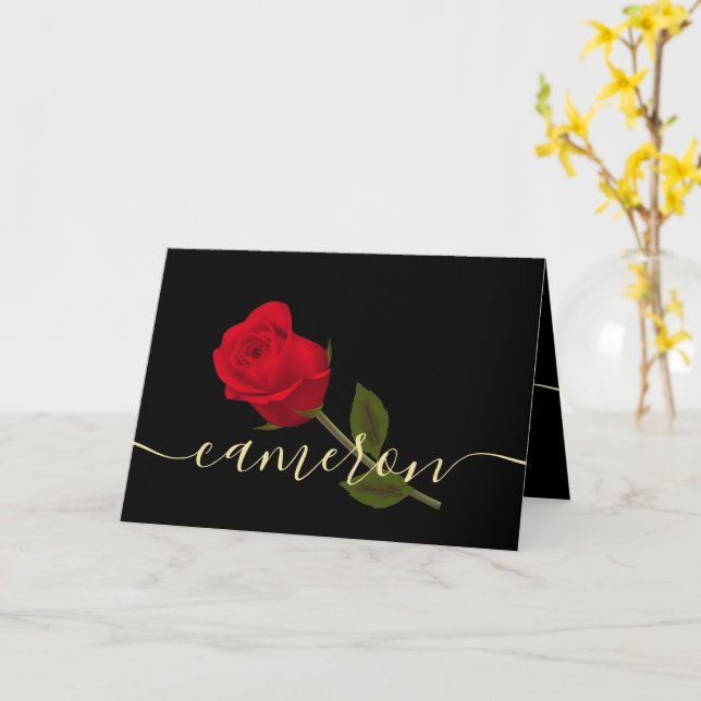 Carte je t'aime Rose Rouge Sur Monogramme Noir Et Or (Fleur jaune)