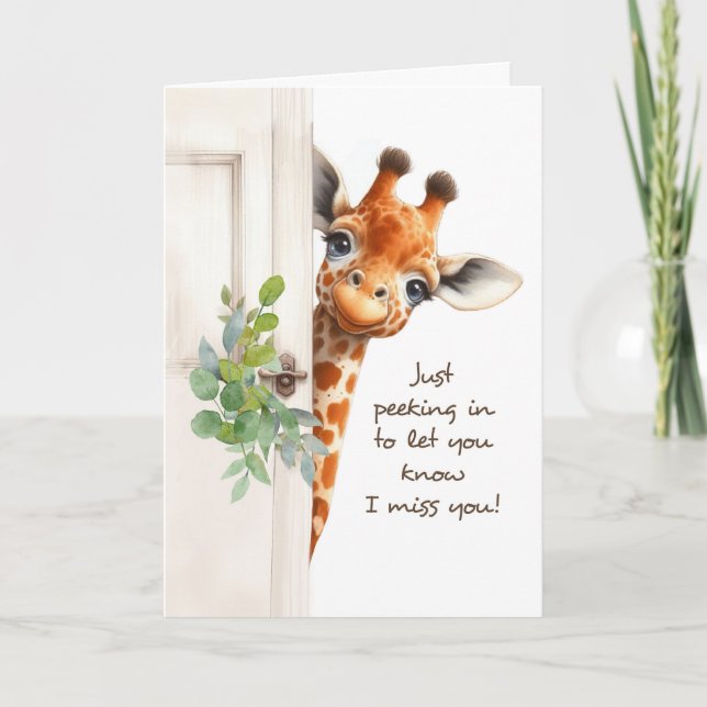 Carte Je te manque Giraffe Peeking autour de la porte (Devant)