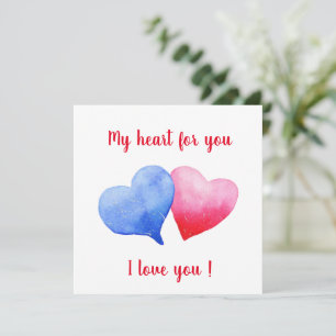 Carte Je vous aime aquarelle rouge et bleu coeur