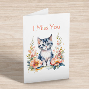 Carte Je Vous Manque   Kitten gris en fleurs roses