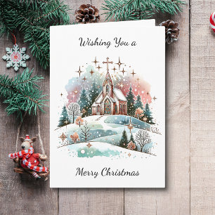 Carte Je vous souhaite un joyeux Noël   Église aquarelle