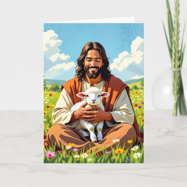 Carte Jésus tenant un agneau | Pâques religieuses (Devant)