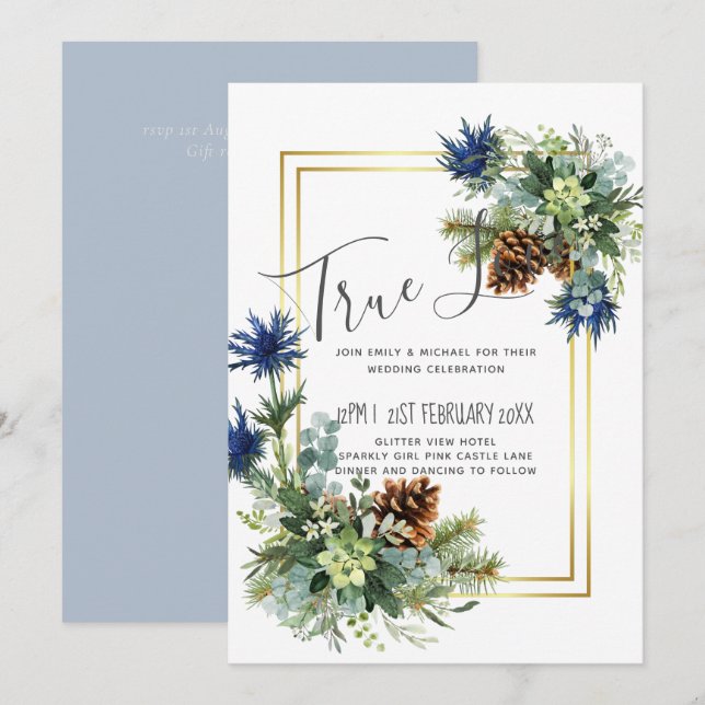 Carte Jeu bleu d'hiver Eucalyptus Mariage Wonderland (Devant / Derrière)