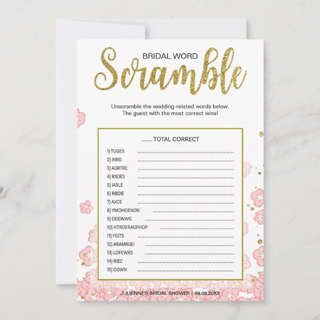 Carte Jeu de mots mêlés pour mariage | Paillettes roses  (Devant)