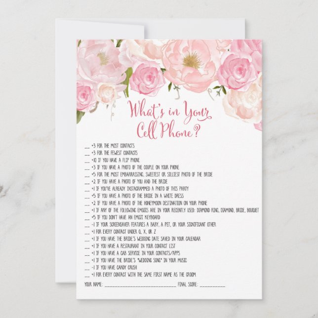 Carte Jeu de téléphone portable pour douche de mariée fl (Devant)