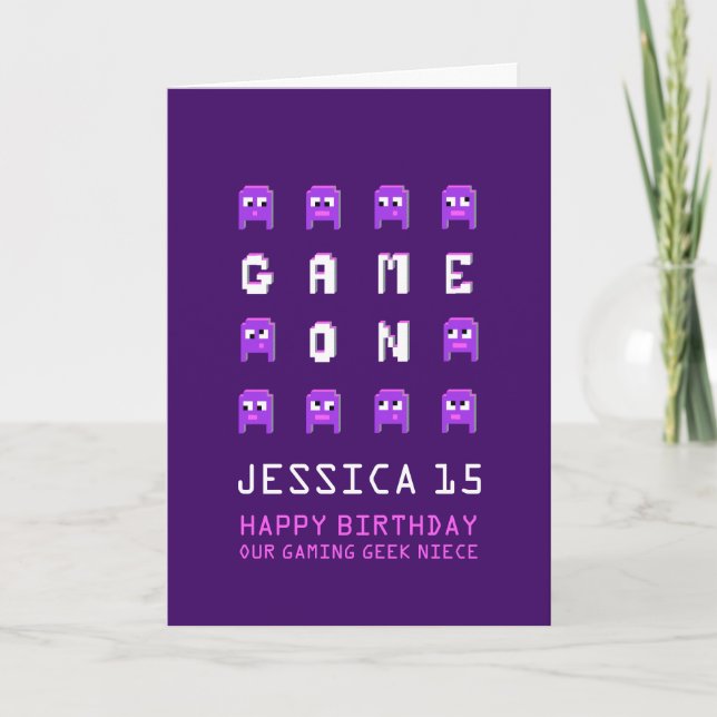 Carte Jeu sur pixel monstres gamer nièce 15e anniversair (Devant)