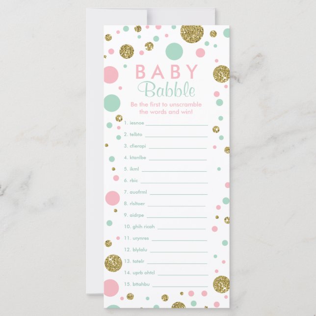 Carte Jeu Word Scramble, Jeu Baby shower, Parties scinti (Devant)