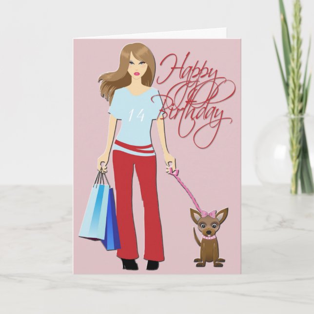 Carte Jeune fille et chiot Joyeux anniversaire (Devant)