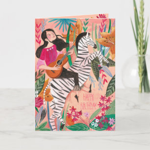 Carte Jeune fille zébrée tropicale rose et élégante