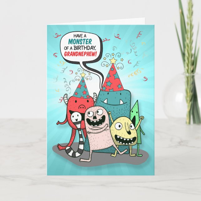 Carte Jeune Grand neveu Anniversaire Monstres Style de d (Devant)