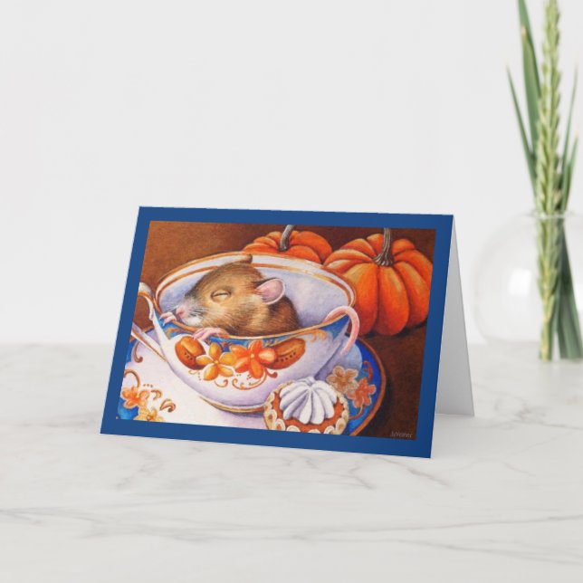 Carte Jeune souris d'automne coule dans Teacup Aquarelle (Devant)