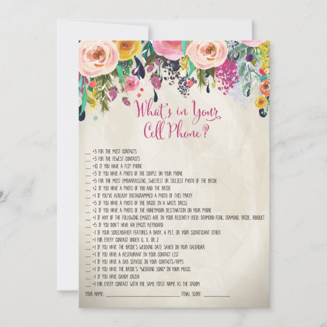 Carte Jeux de Fête de Mariage Floral Qu'est-ce que vous  (Devant)